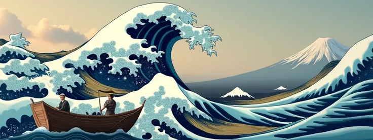 A realistic depiction inspired by Hokusais The Great Wave off Kanagawa, featuring a massive ocean wave with intricate details of water droplets and foam, illuminated by soft, natural daylight. The wave is towering above small wooden fishing boats, their we...