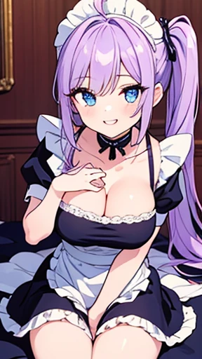 1 Girl, Solo, 18 year old Girl, (Side ponytail: 1.5, Collarbone, Light Purple Hair, Long Hair, Ahoge, Wavy Hair, Beautiful Detailed Eyes, Blue Eyes, Long Eyelashes, Big Breasts, Two Breasts), (((Maid Uniform))), (Dynamic Angle, Face Focus, Bold Pose, Smile...