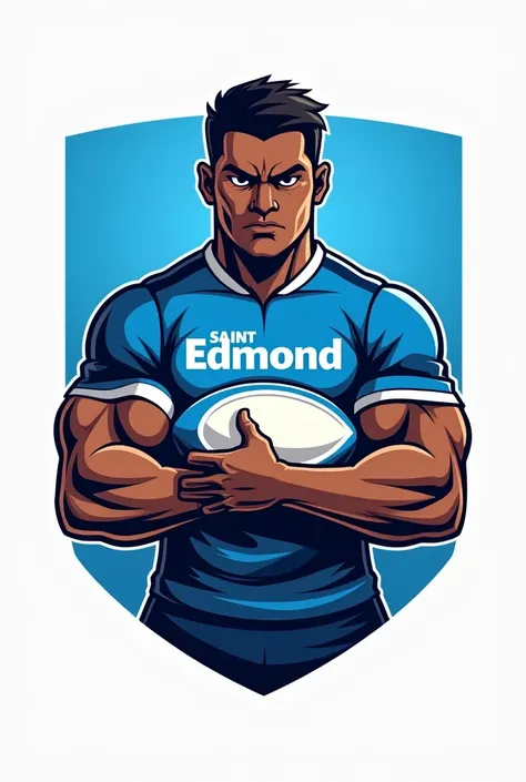 Create a rugby league team logo named Saint EDMUND with a brown skin person holding a rugby ball wearing a sky blue jersey and dark blue sportswear