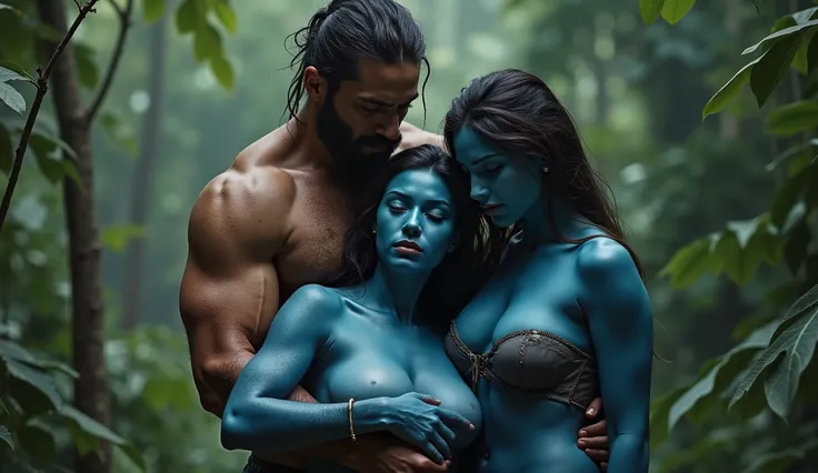 A rugged human male standing in the amazon jungle, protecting two sexy blue skined Full-Figured women with heavy bust. One women is weakly recovering in his arms, while the other watches intently, her eyes glowing with otherworldly light.