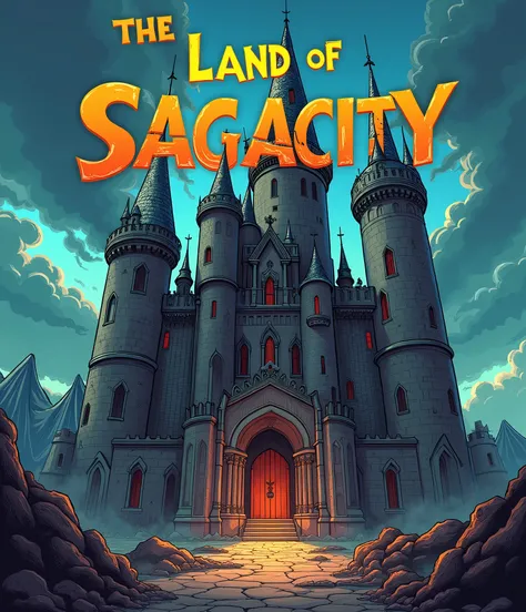 create a page written "The Land of Sagacity Series"  THE CREATION By Aisha Savage-Key" on top of page, in unique font , also create an old castle (2d comic) in war situation, with some front is empty, in 2d comic style