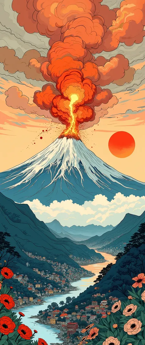 ( Ukisei:2.0),8k,16k,wallpaper,( Katsushika Hokusai style:2.0),(Volcanic eruption),(Mt. Fuji eruption :2.0),( Vector Art :2.0),( flat design:2.0),( flat color:2.0)