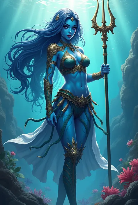 Anime style. Female. Aquatic warrior with a trident. Blue skin tone. Clothes made of sea life. Long blue hair that looks like water. Fierce personality. 