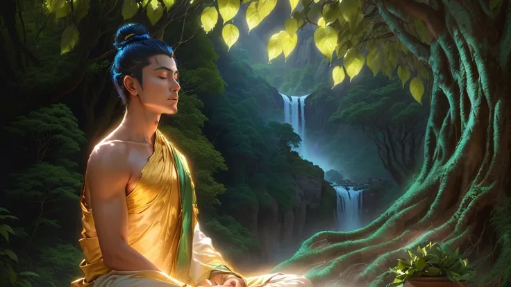 Photography of a Prince Siddhartha with his hair in a bun and dressed in monks clothing meditating in front of a green bodhi tree have beautiful bodhi leafs attached to branches​. Prince is beautiful facial skin, sitting on a rug, sitting to the side ((sid...