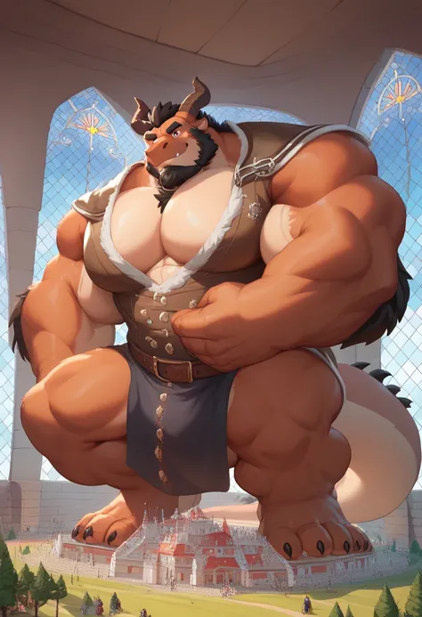 Scribble dragon face,furry(dragon), pummelig, sporty jock muscular, muscle( black eyebrows :1.1),(perfect eyes), brown fur，Wears medieval bounty hunter clothes,（artist:takemoto arashi)，paw，（ Black beard :1.3 ），（medieval Bounty hunter clothes :1.4) ,(Massiv...