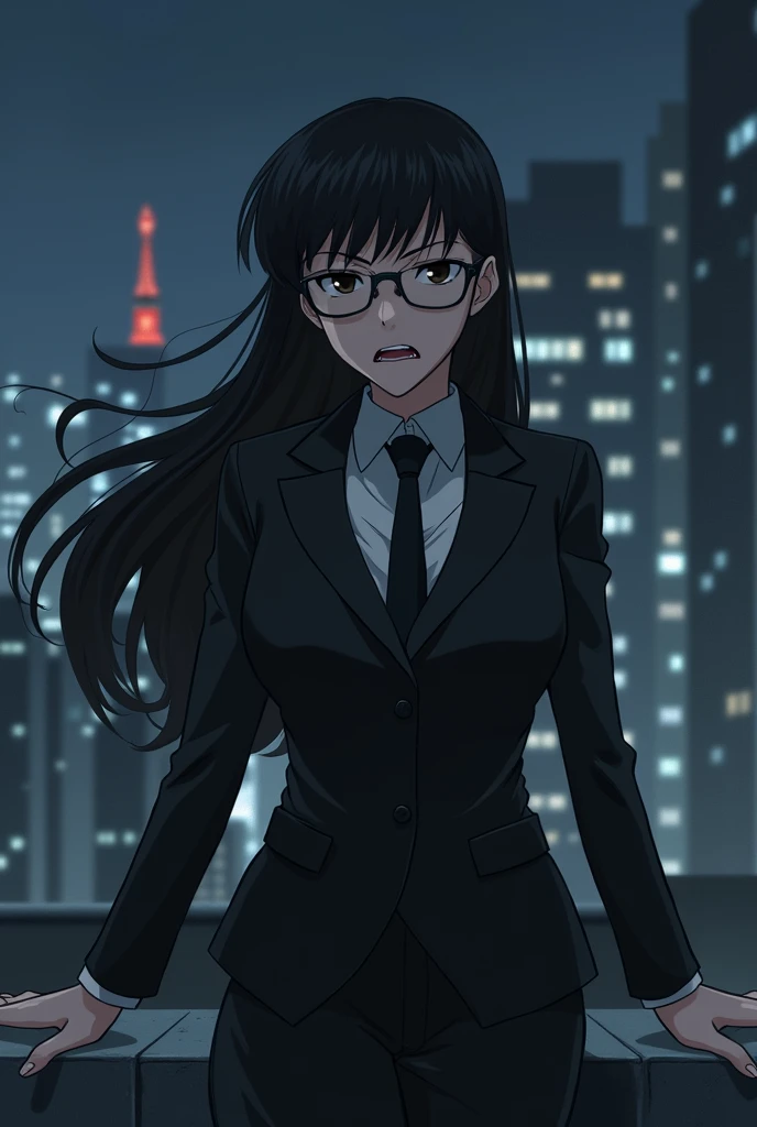 Anime girl in a black business suit, black long hair,eyeglasses, angry face, night, tie tightened, on the street on the roof of a building in a gray city, anime style