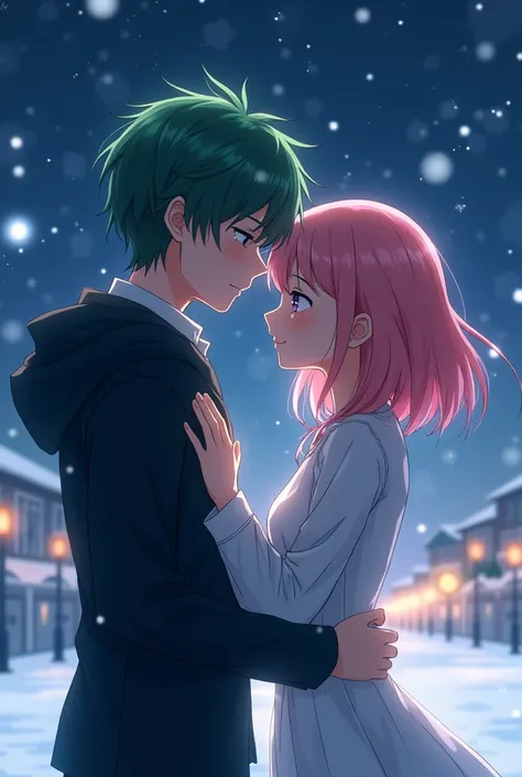 A bright green-haired high school boy dressed in black shedding tears of separation and a pink haired high school girl dressed in white. The background is a beautiful snowy night 