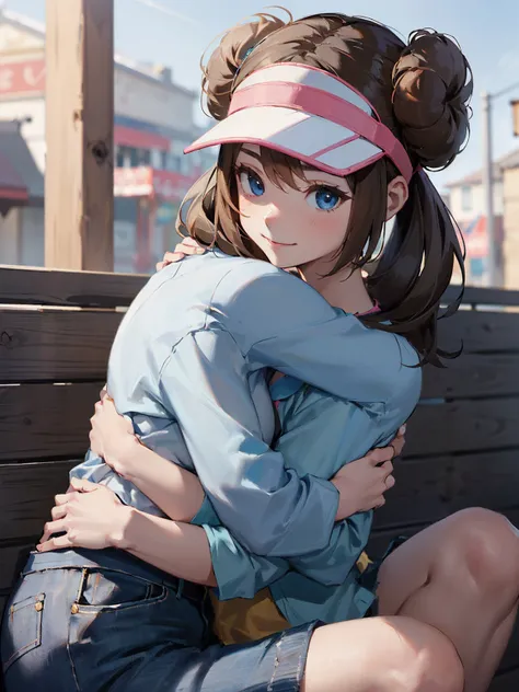 (( Masterpiece  , top quality)),  absurd,  ro1, Hair Bun,  blue eyes,  twin tails,  VISOR CAP ,  pantyhose,  raglan sleeve , Yellow shorts,  shirt,  pink ribbon,  watch ,
 Alone, smile,,  , Town Town ,、((Sit with your knees hugged、 from the side))