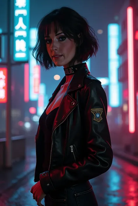 Portrait de Scarlett en tant que magnifique mannequin féminin, Georgia Fowler,  beau visage, avec des cheveux courts brun foncé, dans une ville cyberpunk la nuit. Elle porte une veste en cuir, jeans noirs, éclairage dramatique, (insigne de police:1.2)