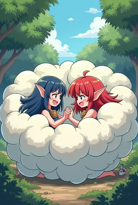 An anime-style comic depicting many elf-girls playfully wrestling with each other inside a forest comical fight cloud(fairytale cloud).
each elf-girl has different  colored hair.
their faces,hands,and feet are visible emerging from the cloud as they tussle...