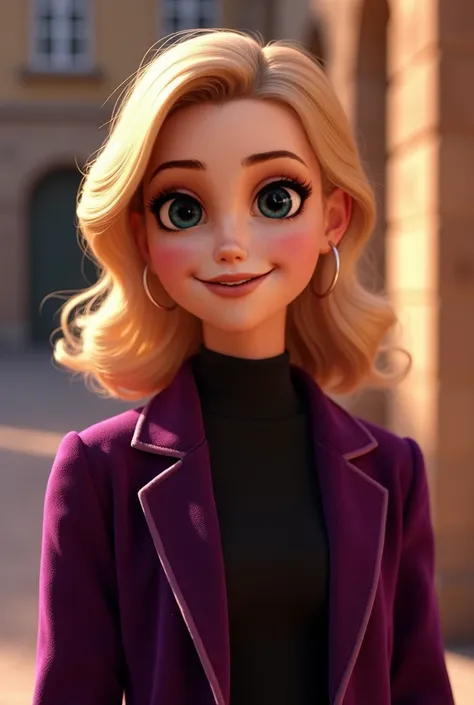  A blonde girl smiling at the camera , She only appears from the waist up .  It is decorated with an elegant purple velvet jacket and a black shirt. The image is Pixar style .