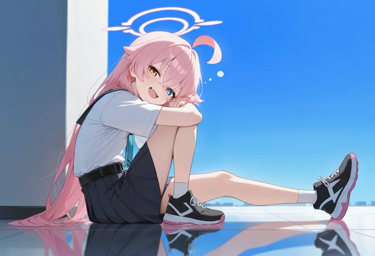 (masterpiece, best quality, high quality, highres, ultra-detailed), 1girl, Hoshino, pink hair, solo, heterochromia, long hair, blue eyes, fang, ahoge, yellow eyes, looking at viewer, hair between eyes, small chests smile, open mouth, sleepy expression,, si...