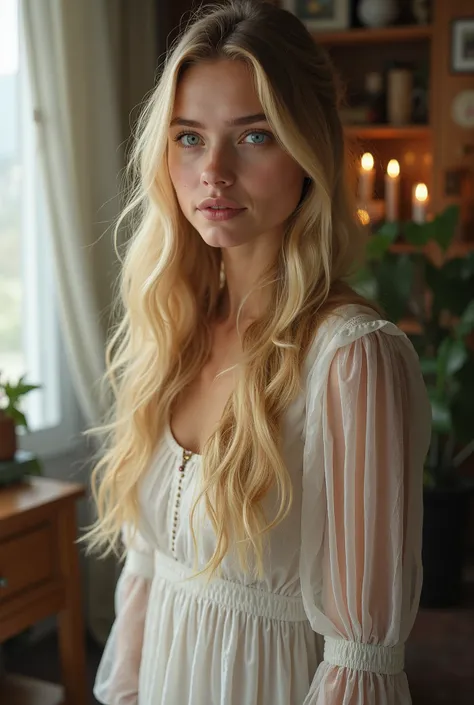 A photorealistic portrait of a 22-year-old Norwegian girles thoughtfully at the camera with long, wavy yellow hair and captivating blue eyes, dressed in a flowing white dress, full body shot, 8k hdr, high detail, beautifully textured, high quality, she exu...