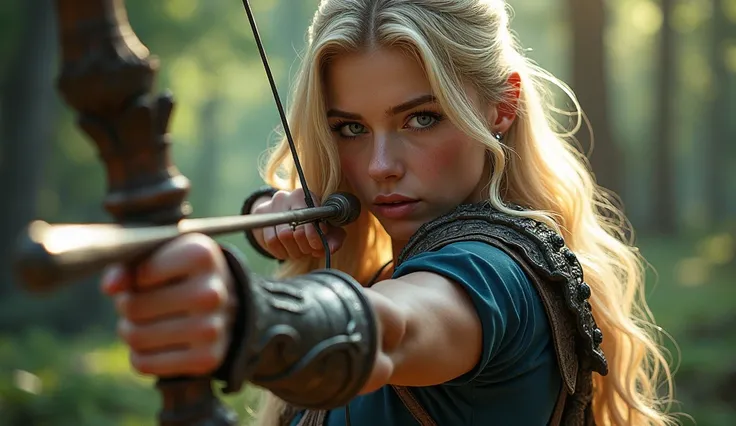 Detailed alluring blonde haired warrior, highly detailed arms and muscles, 1girl, hyper-realistic, 8k, realistic, highly detailed, cinematic lighting, realistic skin texture, alluring blue eyes, flowing hair, holding a huge crossbow with delicate details, ...