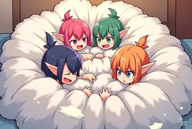 An anime-style comic depicting many elf-girls playfully wrestling with each other inside a big bed comical fight cloud(magic cloud).
each elf-girl has different  colored hair.
their faces,hands,and feet are visible emerging from the cloud as they tussle hu...