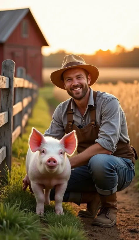 A unique scene featuring a man and a pig in a rural setting. The man, dressed in casual farming attire with a straw hat and boots, kneels beside the pig, gently patting its head. The pig, plump and pink with a cheerful expression, stands on a patch of soft...