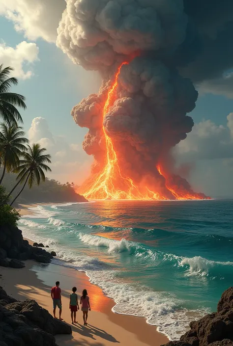 An undersea volcano erupts off a resort beach