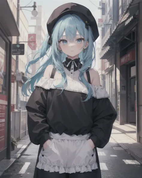 masterpiece,1girl,solo,long hair,blue hair,hoodie,off shoulder:1.2, mob cap, street,hand on hip, hand in pocket, dynamic pose, girl, maid costume, dinning time, embrassed, shy