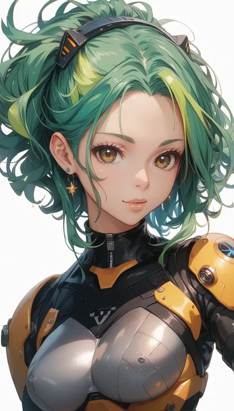 An anime girl with shoulder-length green hair and warm brown eyes, dressed in a sleek, black-and-yellow space pilot suit with metallic patches on her shoulders.  and the sunlight reflecting off her suit highlights the advanced design. straight to camera po...