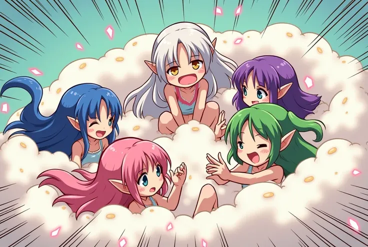 An anime-style comic depicting many elf-girls playfully wrestling with each other inside a  comical fight cloud(magic cloud).
each elf-girl has different  colored hair.
their faces,hands,and feet are visible emerging from the cloud as they tussle humorousl...