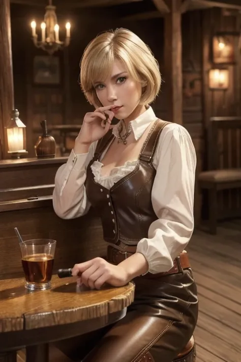 Short-haired female cowboy in a western saloon, blonde alone, sitting,Smoking Pipe,table Wisky,piano, 6 round revolver ,barrel,table,Trump,Dust, artwork,3d,4K,  Details, realistic 