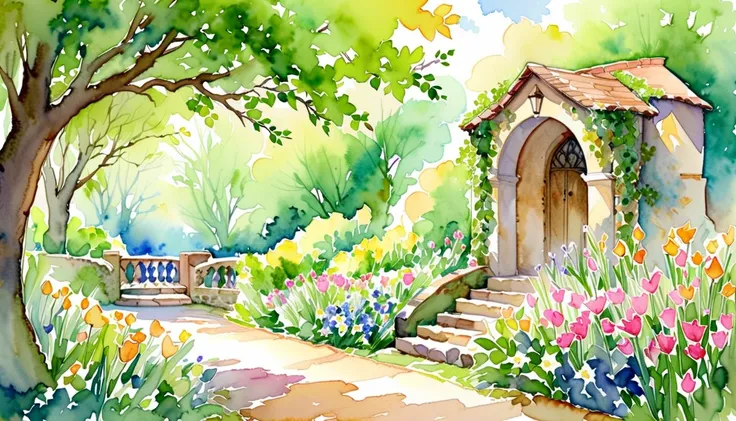 A serene and enchanting scene of a vibrant garden full of blooming flowers, a large tree with cascading branches. She is wearing a flowing summer dress, surrounded by colorful flowers like roses, tulips, and daisies. The garden path is lined with soft gras...