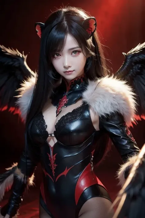  lion ,  black hair, red eyes, Wings, Very monstrous