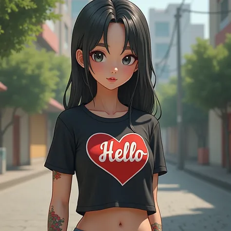  Glazed Tile Skin , fine eyes , , she wears a black shirt with a graphic print "Hello" Buriram" Bright colors, Digital Anime Illustration ,  style Art Germ ,  is becoming popular in CGSTATION. , Realistic art style,An Asian man with a round face , มี Glaze...