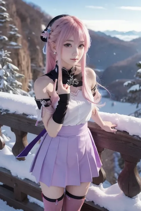  EXTREMELY DETAILS, flawless, Aerial View,  like a work of art , Anime girl with ice and snow sword, Her pink hair and long purple skirt complement each other., Gazing at the distant Saika Genshin, Leading to the world of Genshin.