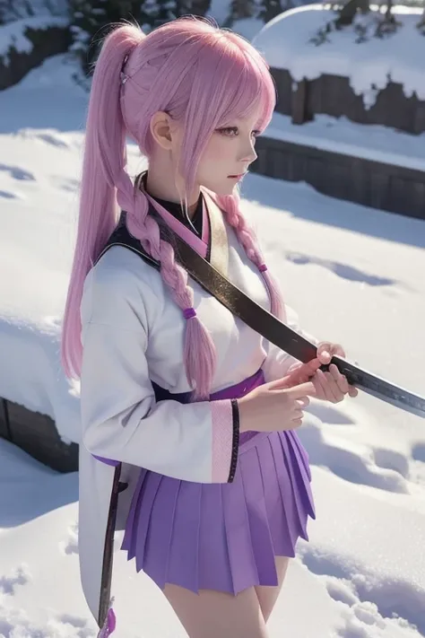  EXTREMELY DETAILS, flawless, Aerial View,  like a work of art , Anime girl with ice and snow sword, Her pink hair and long purple skirt complement each other., Gazing at the distant Saika Genshin, Leading to the world of Genshin.