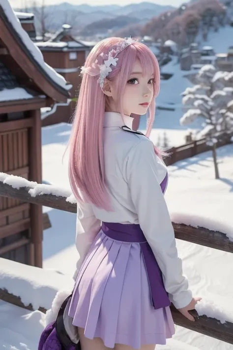  EXTREMELY DETAILS, flawless, Aerial View,  like a work of art , Anime girl with ice and snow sword, Her pink hair and long purple skirt complement each other., Gazing at the distant Saika Genshin, Leading to the world of Genshin.