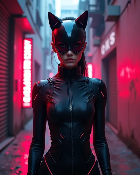 Modern girl in futuristic clothing, wearing a sleek cat mask, standing in a neon-lit urban alley at night, with striking features and vibrant details.