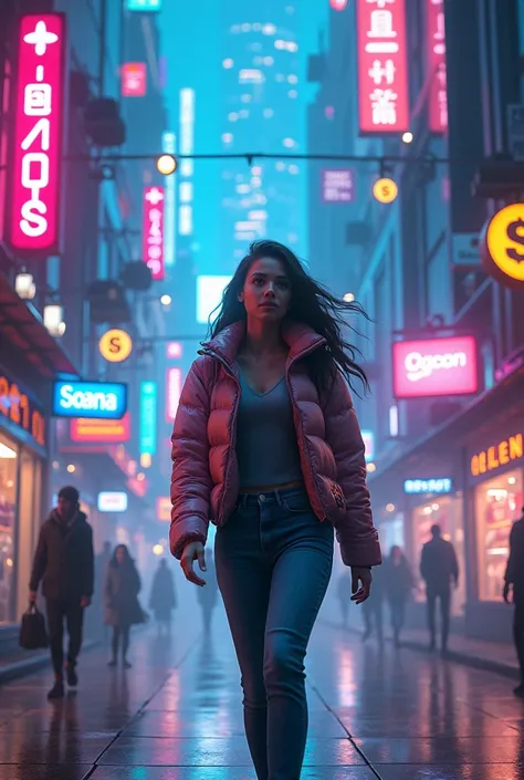 young woman walking in a vibrant, futuristic cyberpunk cityscape filled with glowing neon lights in shades of blue, pink, and purple. The scene features a dynamic and high-tech atmosphere, with Ethereum, Solana and Dogecoin tokens floating in the air. The ...