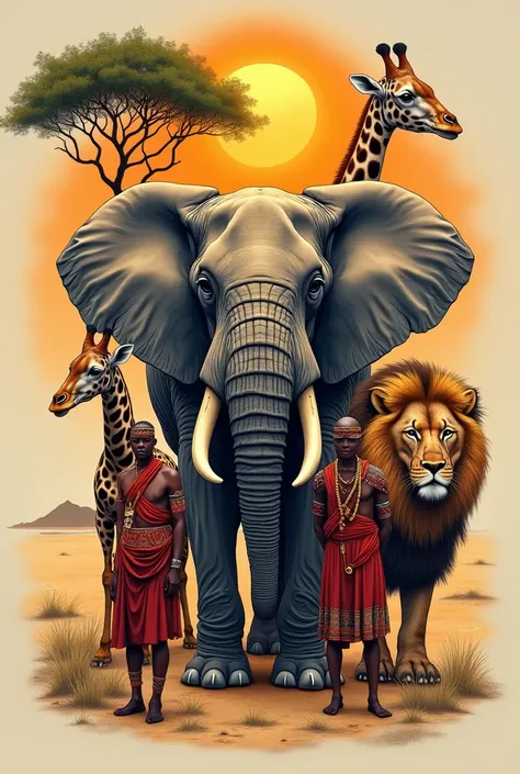 Create a tattoo design with elephant,Giraffe,Lion , masai,sun Beach?