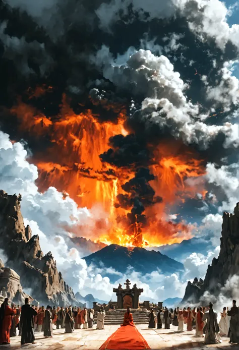 (8k, top quality, Masterpiece , Final Fantasy Style: 1.2),Atmospheric perspective, 8K, Very detailed, A volcano is erupting violently in the distance, a large amount of smoke and lightning, red lava flowing down, people praying at an altar, praying to appe...