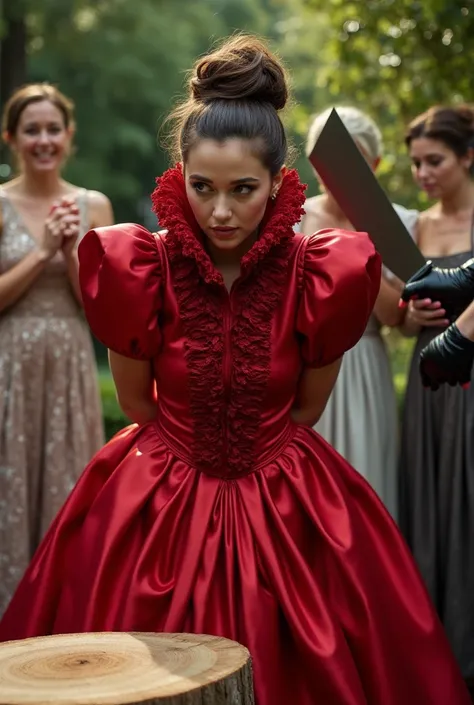 (realistic photograph sideways close up), (a happy beautiful Caucasian lady with (messy hair bun), she is down on the ground and wearing a (excessive shiny red silk gown with (long gigantic puff sleeves), (and with an ultra high tight stand-up collar up to...