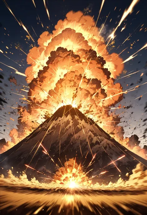 (masterpiece,  best quality :1.2), The golden eruption of a volcano , Surrounding shock waves , Fast blast ,  Dazzling Flash of Explosion ,  Continuous Volcano(( motion blur:3.0 ,  Background Blurred  , golden dust effect effect))