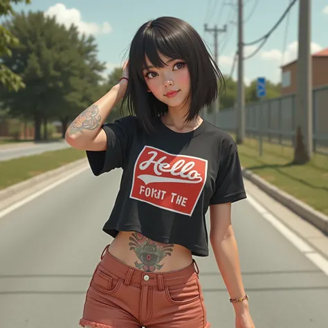  Glazed Tile Skin , fine eyes , , she wears a black shirt with a graphic print "Hello" Buriram" Bright colors, Digital Anime Illustration ,  style Art Germ ,  is becoming popular in CGSTATION. , Realistic art style,An Asian man with a round face , มี Glaze...