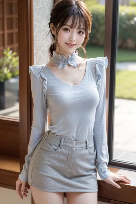  スカートとスカーフを身に着けて床に座っているwoman,   nice, 日本人モデルのwoman、 Fashion Model , beautiful, Frilled collar , Mute colored bodysuit and miniskirt, Elegant clothes, woman, ゴージャスなwoman, beautiful,  bright scene  , light blue grey, Cheerful,  wearing elegant clothes 、 look...