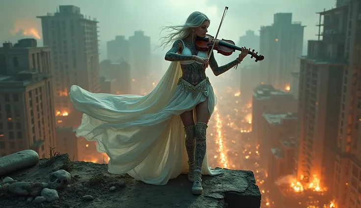 sexy woman,  tattoo on arms and body , playing violin,  silver hair, wearing white cloak ,  breast-length white dress with armor,  playing on top of a destroyed building , City of Apocalypse Zombies ,  at night city illuminated with fire , Well illuminated...