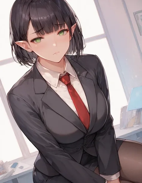 ((masterpiece:1.2)), best quality, ultra high res, beautiful detailed hair detailed face, perfect feminine face, beautiful detailed eyes, 8k, (finely detailed beautiful eyes and detailed face cg), (anime), BREAK, a girl, career woman, a elf, black hair, in...