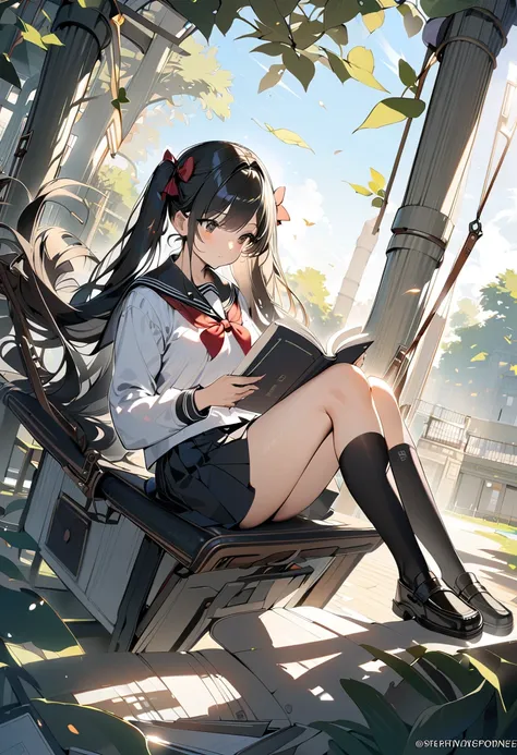 ((best quality)) , ((masterpiece)) , (detailed),1girl, solo, long hair, skirt, black hair, long sleeves, bow, twintails, sitting, school uniform, hair bow, pleated skirt, serafuku, socks, book, kneehighs, leaf, watermark, sunlight, wind, black socks, open ...