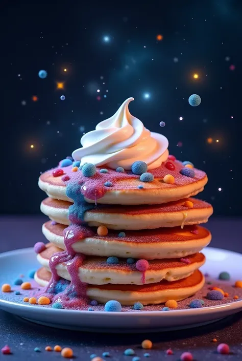 pancakes color look like galaxy, cream on top, stars