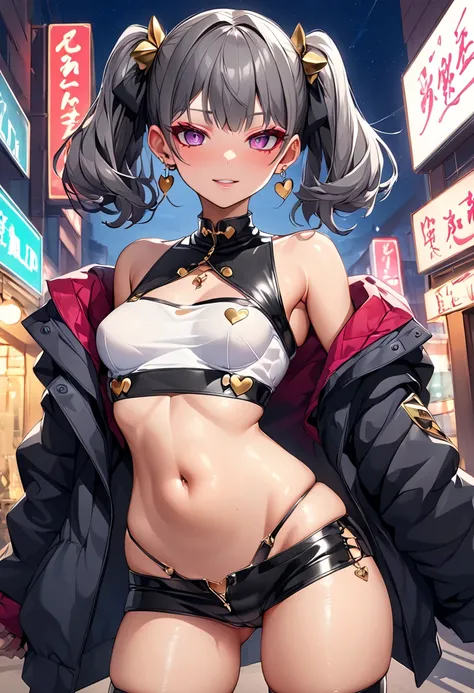   high image quality、  High Quality  、   boyish anime girl with small breasts、  medium hair up to buttocks、  dark grey hair、  smugface、 Confident Look 、  Bodycon  、 Brothels 、Flashy accessories、  heart shaped gold accessories   、 Exposure Clothes  、 褐色の肌、｛...