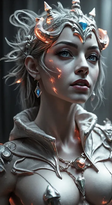 a young woman with fiery skin, isolated on a dark background, 4K resolution, ultra-detailed, photorealistic, dramatic lighting, cinematic, fantasy, digital art