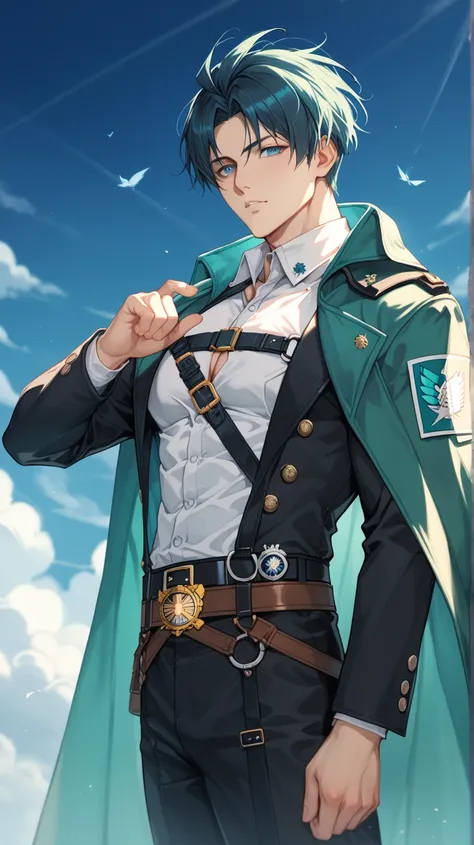 Blue Archives＆ Goddess of Victory NIKKE＆Guilty Gear Strive＆ ATTACK ON TITAN ＆ Senran Kagura，male， cool， center part ， has poor eyesight → blue eyes ， black suit，Green Cape， cool full harness belt，Sengoku Ninja ，