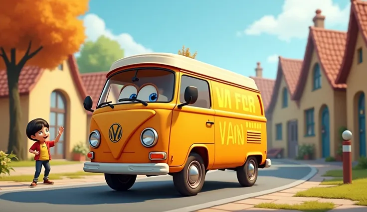 "A cheerful cartoon van with big eyes as headlights, driving through a village road. ren wave at the van, and it waves back with a hand-shaped wiper. V for Van is written in bold yellow letters on the side of the van."