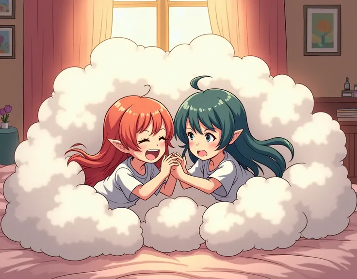 An anime-style comic depicting many elf-girls playfully wrestling with each other inside a bed comical fight cloud(fairytale cloud).
each elf-girl has different  colored hair.
their faces,hands,and feet are visible emerging from the cloud as they tussle hu...