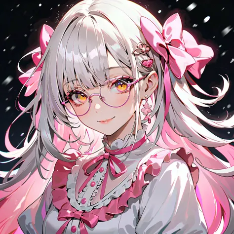  long hair、Gray Hair、Wonderful、 top quality、Beautiful very 、 absurd、With bangs、Glasses、 yellow eyes、( transparent pink theme art ),( top quality),( Masterpiece  ),( 1 girl),(Alone), delicately drawn face, GIRL WITH A BEAUTIFUL FACE , beautiful detailed tra...