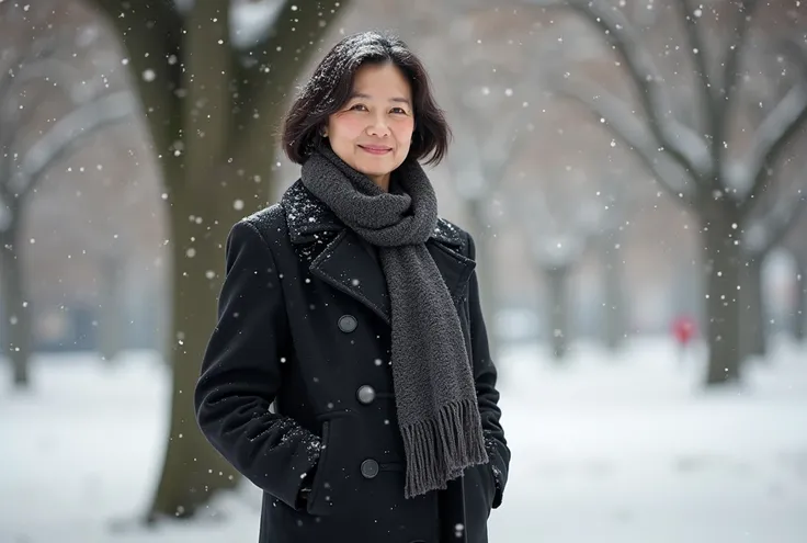  A beautiful Korean woman in her 50s  (  charming gaze  ), Natural skin texture,  Short Mid-length Hair  , park. Snow flurries. Winter Scenery . Its snowing.  Im wearing a black coat . Scarf on the shoulder .  Im wearing white sneakers. Im standing under a...